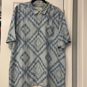 Tommy Bahama Shirt MenXL Blue Geometric Pattern Button Up Beach 100% Silk.